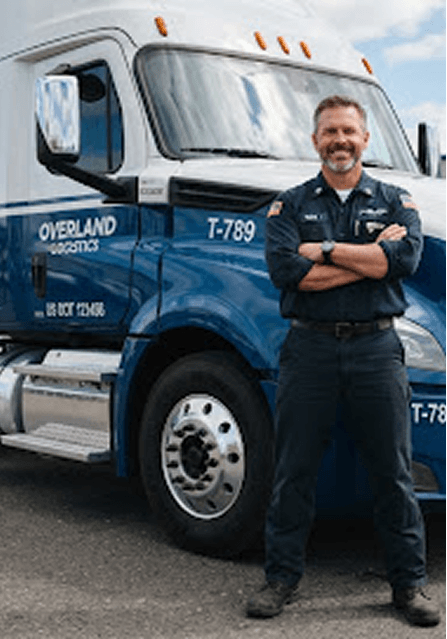Professional driver standing beside a semi-truck