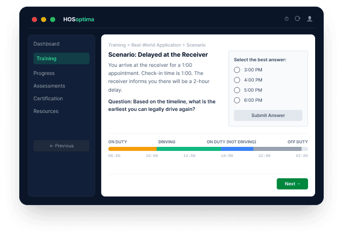 HOSoptima training scenario: delayed at the receiver, with a duty-status timeline and multiple-choice answers